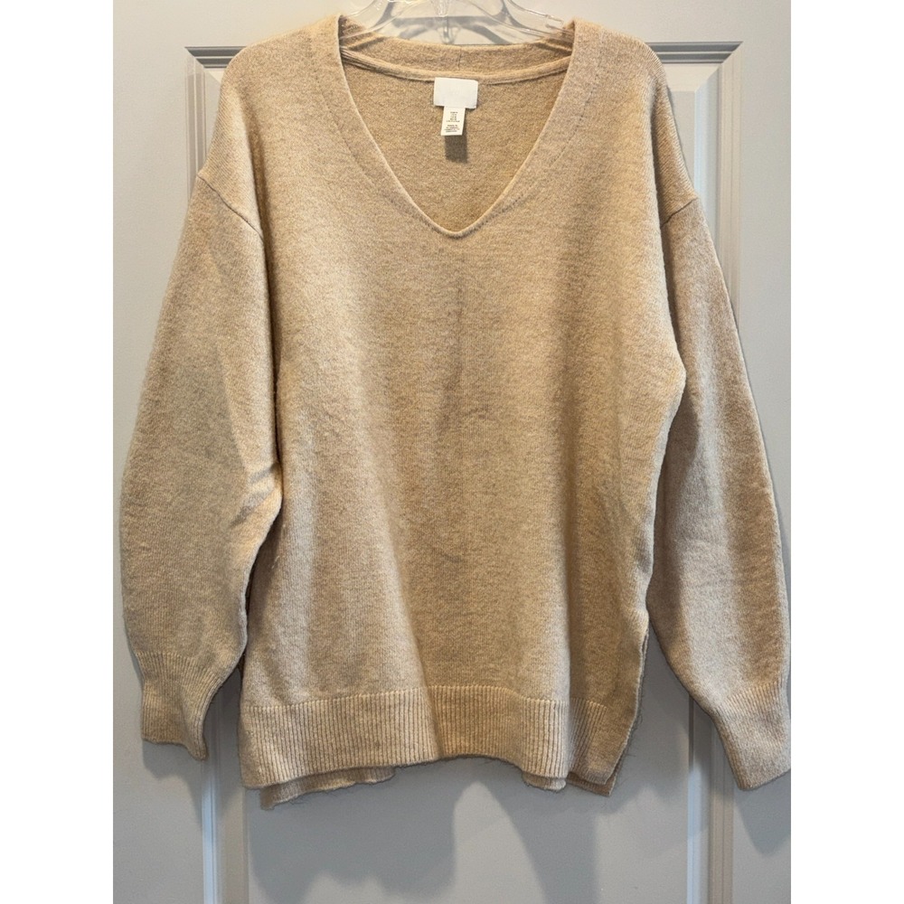 H&M Oversized Sweater Womens Medium Light Beige‎ V Neck Loose Fit Drop Shoulder